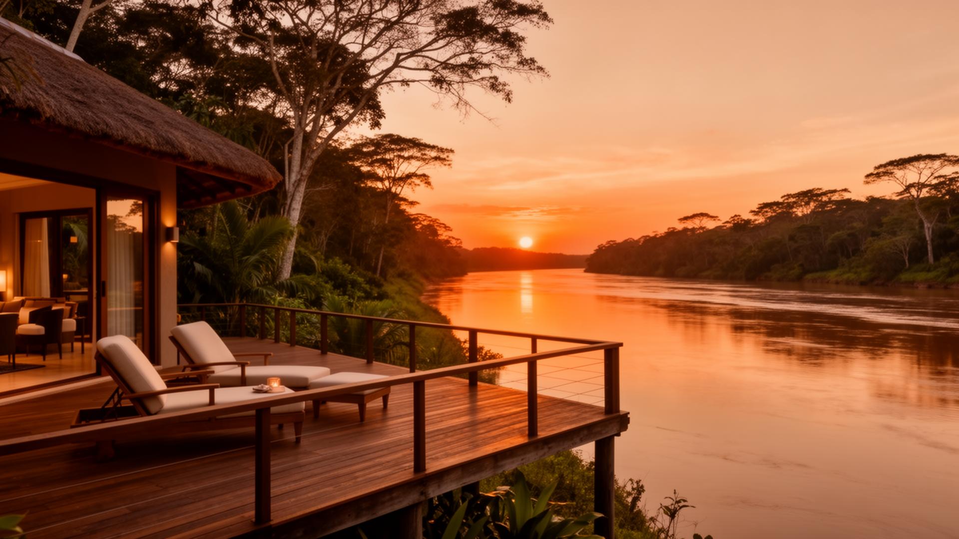 Rancho Ipoméia ao pôr do sol às margens do Rio Tocantins